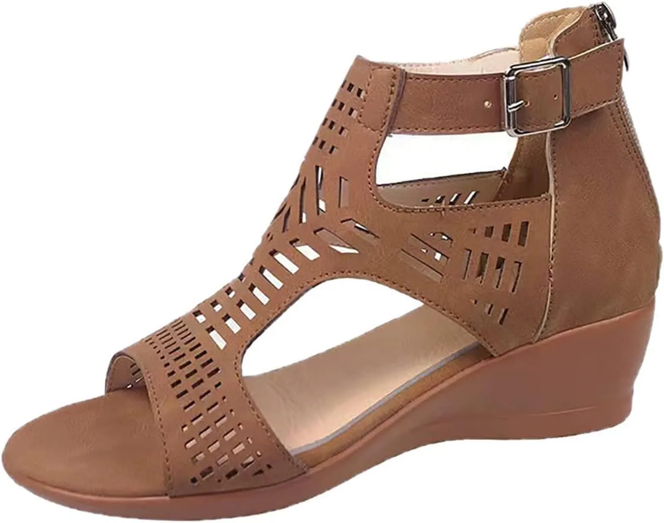 Womens Peep Toe Sandals, Roman Style Buckle Ankle Strap Sandals Hollow Out Breathable Beach Sandals Fashion Booties Mid Heel Outdoor Dress Shoes Comfortable for Office Work&Wedding