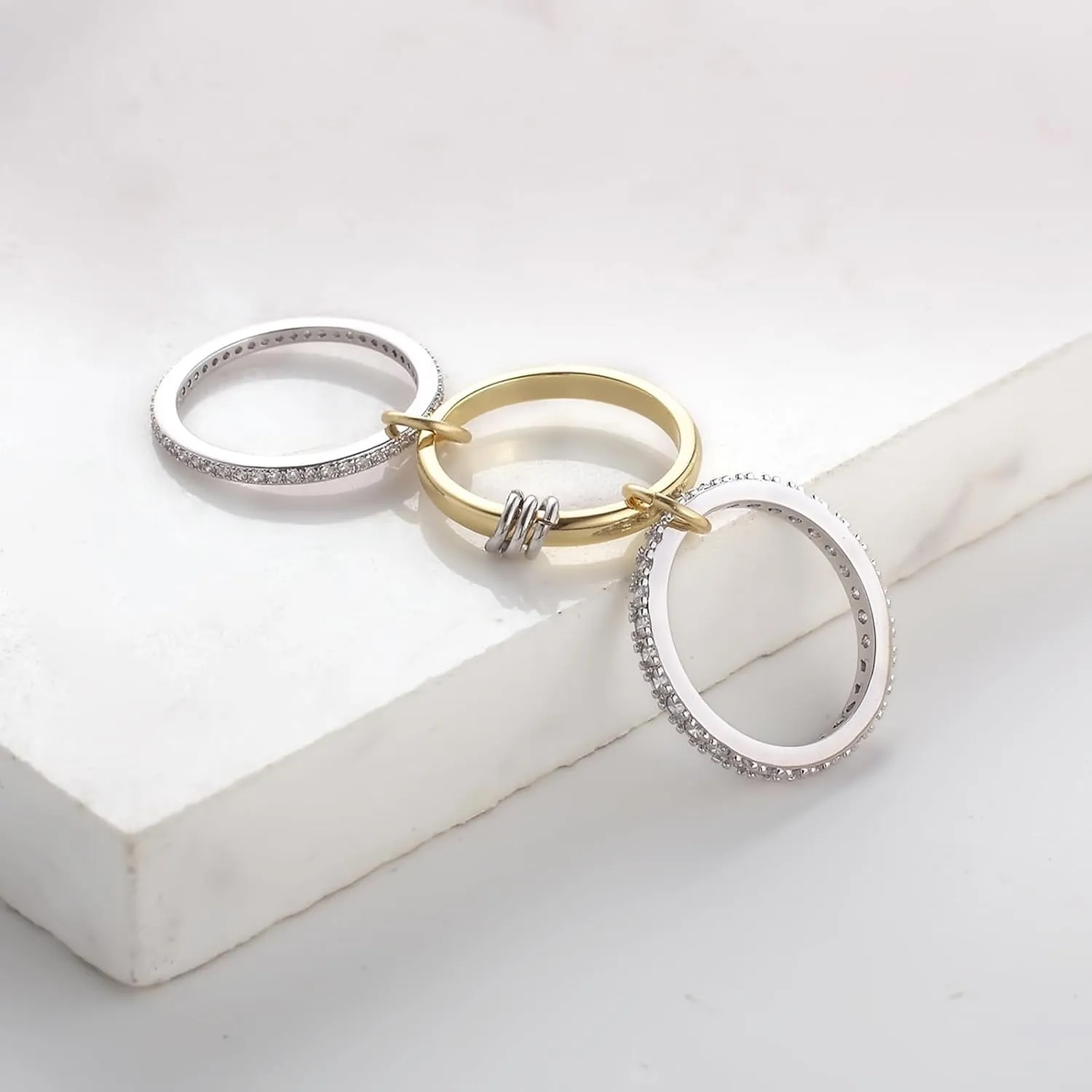 Womens Stackable Ring Set  925 Silver & 18K Gold Plated Cubic Zirconia Bands | Mixed Metals, Non-Tarnish