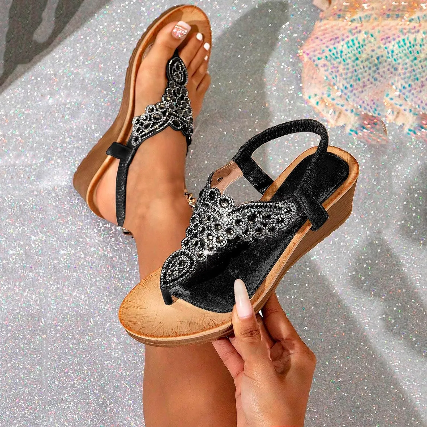 Women's Wedge Sandals with Buckle Ankle Strap for Dressy Summer Comfortable Casual Slingback Bohemian Arch Support Rhinestone Platform Low Wedges Sandal Comfort Beach Walking Flats Fashion Shoes