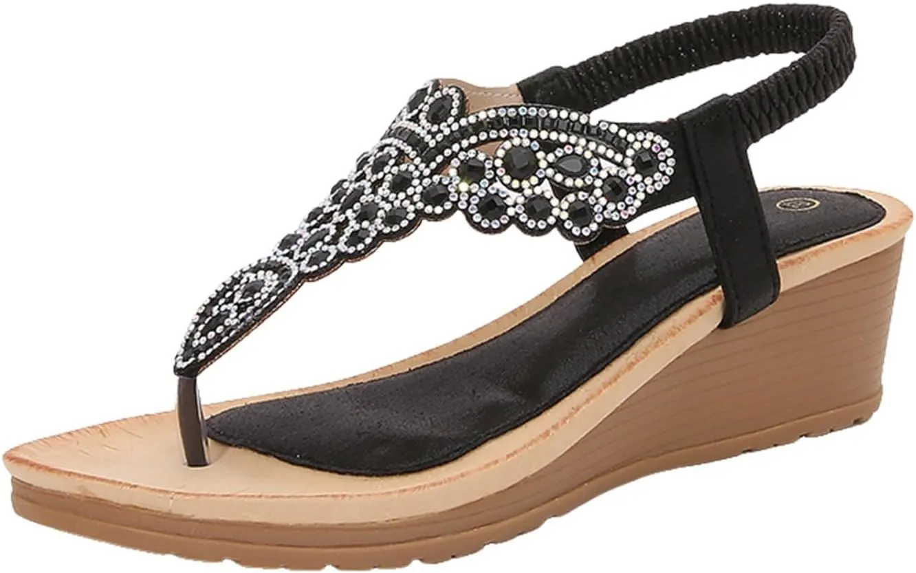 Women's Wedge Sandals with Buckle Ankle Strap for Dressy Summer Comfortable Casual Slingback Bohemian Arch Support Rhinestone Platform Low Wedges Sandal Comfort Beach Walking Flats Fashion Shoes
