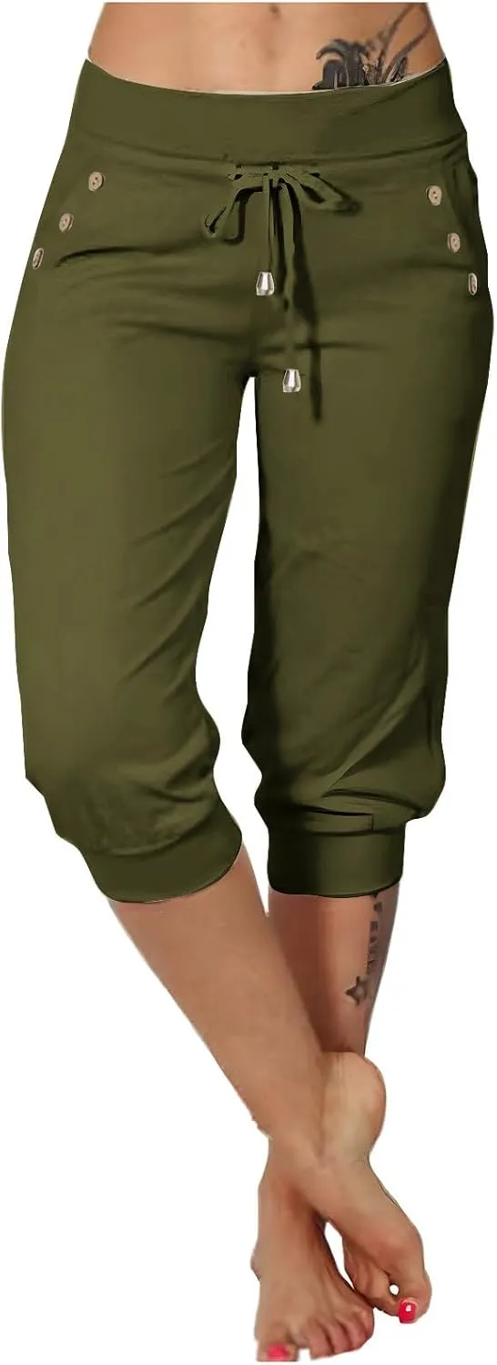 Yoga Capri Pants for Women High Waisted Drawstring Joggers Stretch Lightweight Casual Hiking Cropped Pants with Pocket