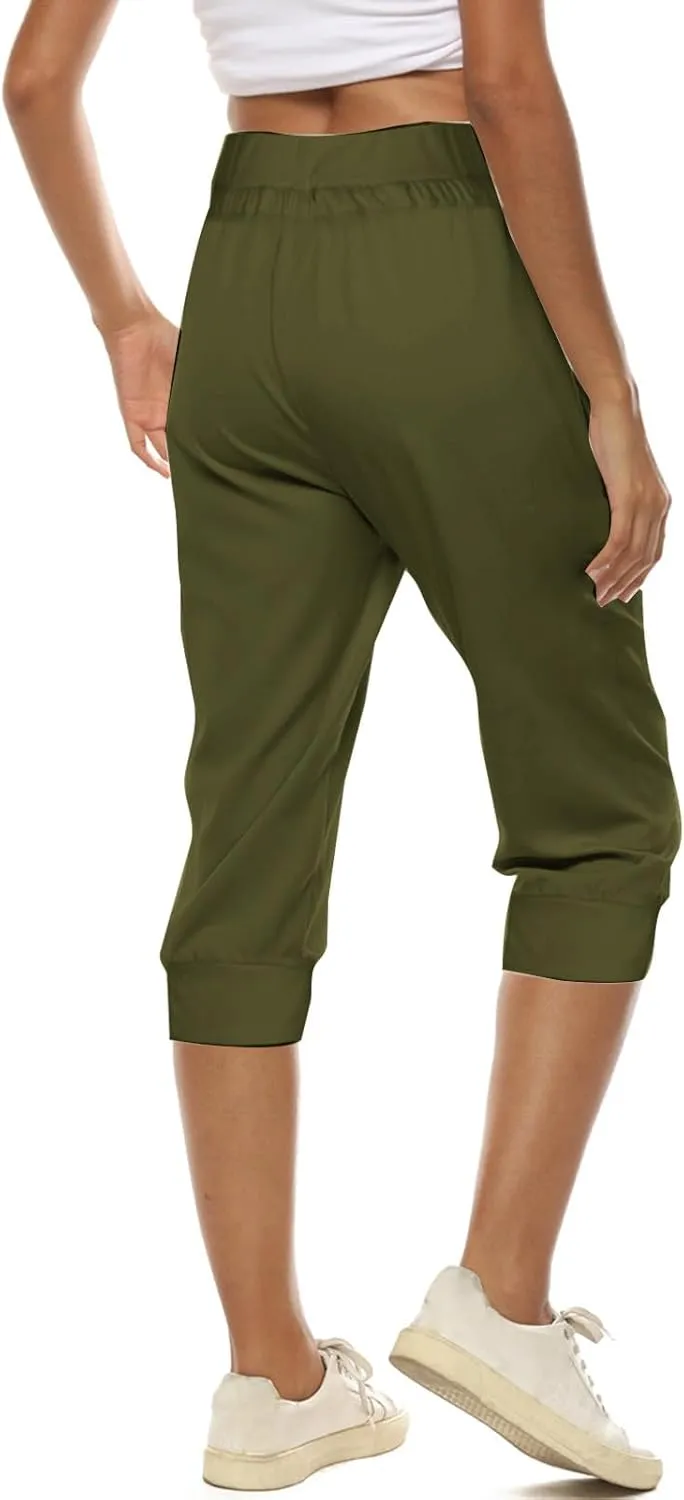 Yoga Capri Pants for Women High Waisted Drawstring Joggers Stretch Lightweight Casual Hiking Cropped Pants with Pocket