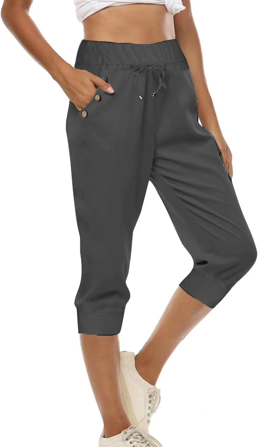 Yoga Capri Pants for Women High Waisted Drawstring Joggers Stretch Lightweight Casual Hiking Cropped Pants with Pocket