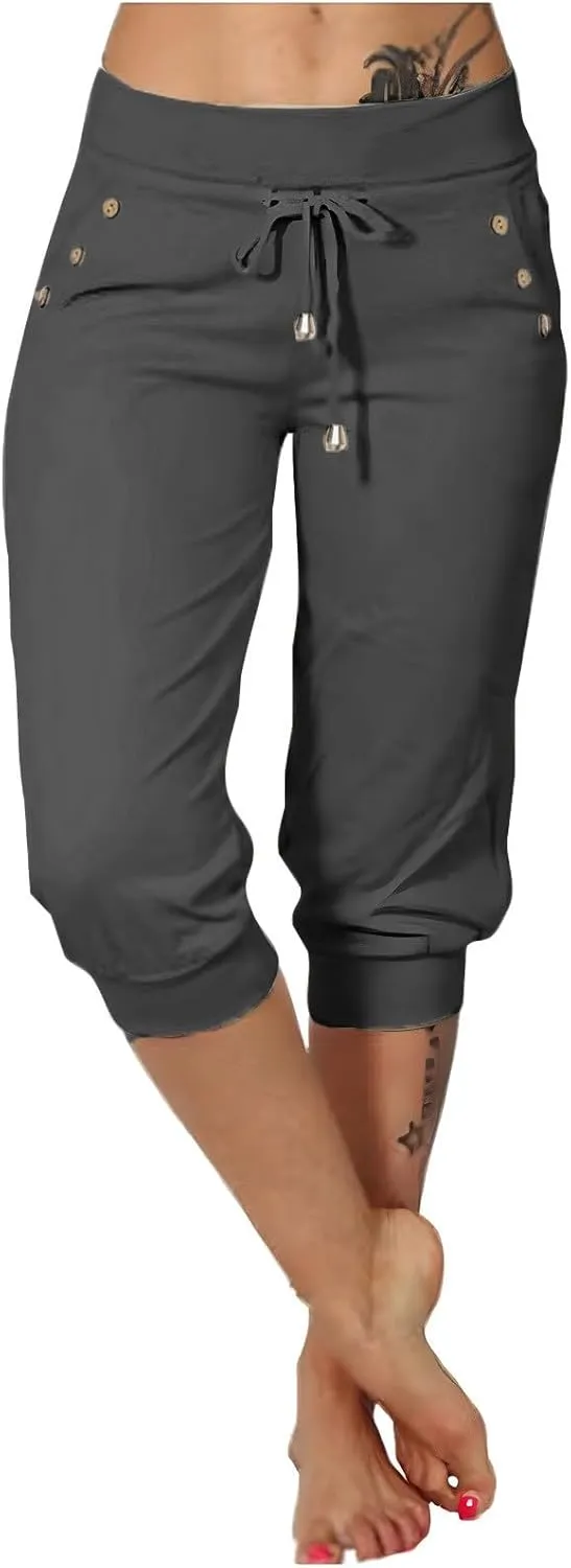Yoga Capri Pants for Women High Waisted Drawstring Joggers Stretch Lightweight Casual Hiking Cropped Pants with Pocket