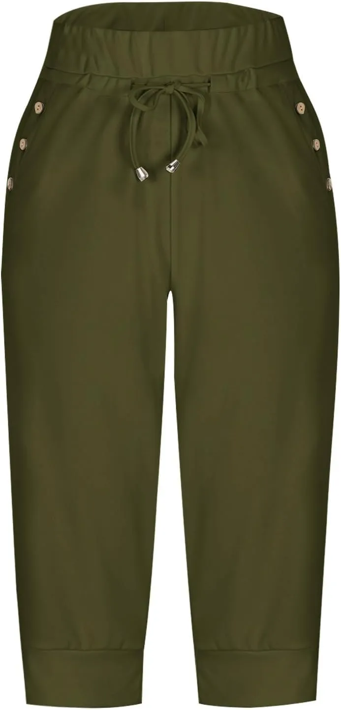 Yoga Capri Pants for Women High Waisted Drawstring Joggers Stretch Lightweight Casual Hiking Cropped Pants with Pocket