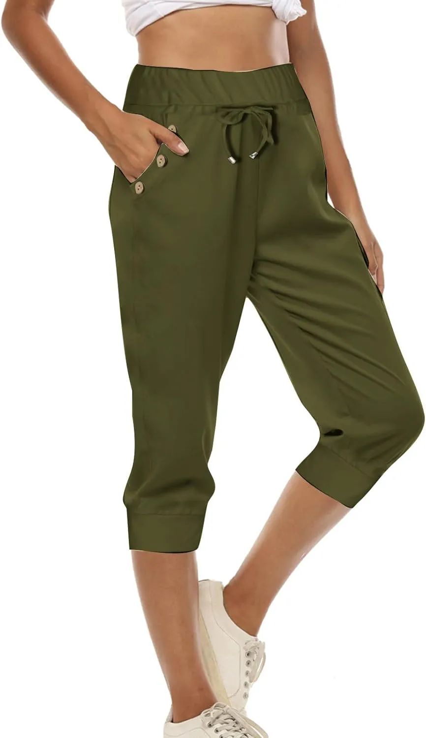 Yoga Capri Pants for Women High Waisted Drawstring Joggers Stretch Lightweight Casual Hiking Cropped Pants with Pocket