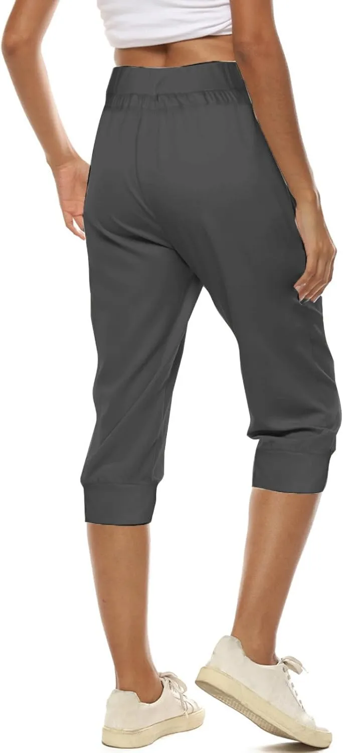 Yoga Capri Pants for Women High Waisted Drawstring Joggers Stretch Lightweight Casual Hiking Cropped Pants with Pocket