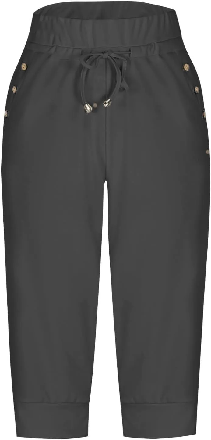 Yoga Capri Pants for Women High Waisted Drawstring Joggers Stretch Lightweight Casual Hiking Cropped Pants with Pocket