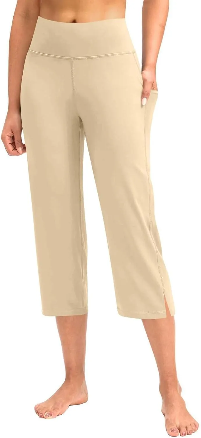 Yoga Capris for Women Solid Color Elastic High Waist Capri Pants Casual Yoga Sports Pants with Pockets