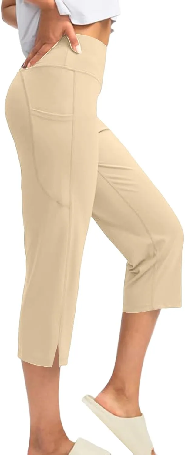 Yoga Capris for Women Solid Color Elastic High Waist Capri Pants Casual Yoga Sports Pants with Pockets