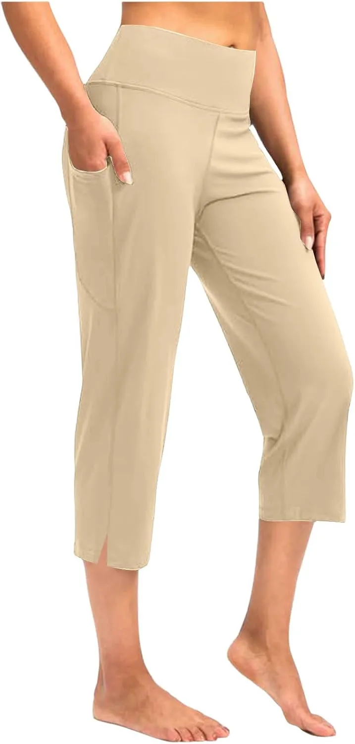 Yoga Capris for Women Solid Color Elastic High Waist Capri Pants Casual Yoga Sports Pants with Pockets