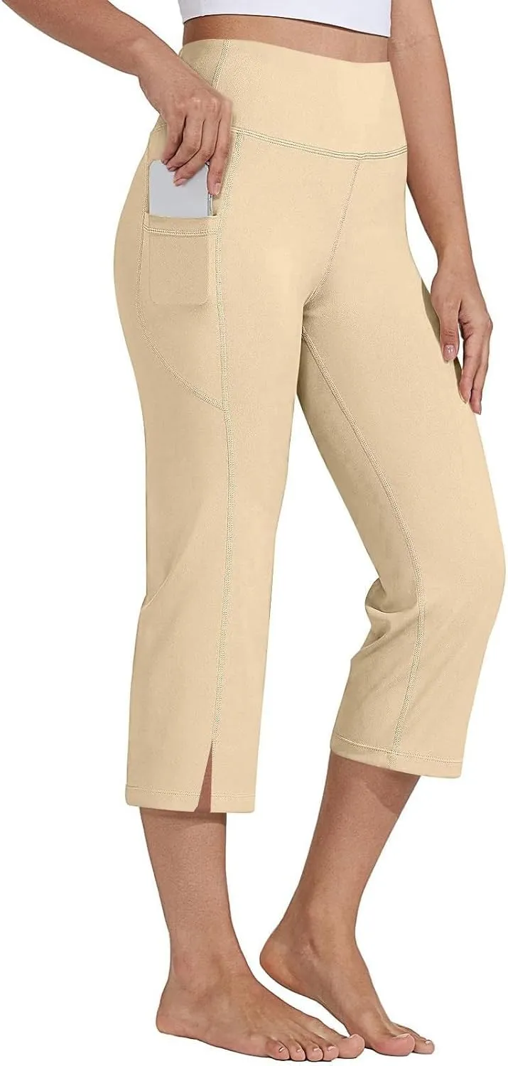 Yoga Capris for Women Solid Color Elastic High Waist Capri Pants Casual Yoga Sports Pants with Pockets