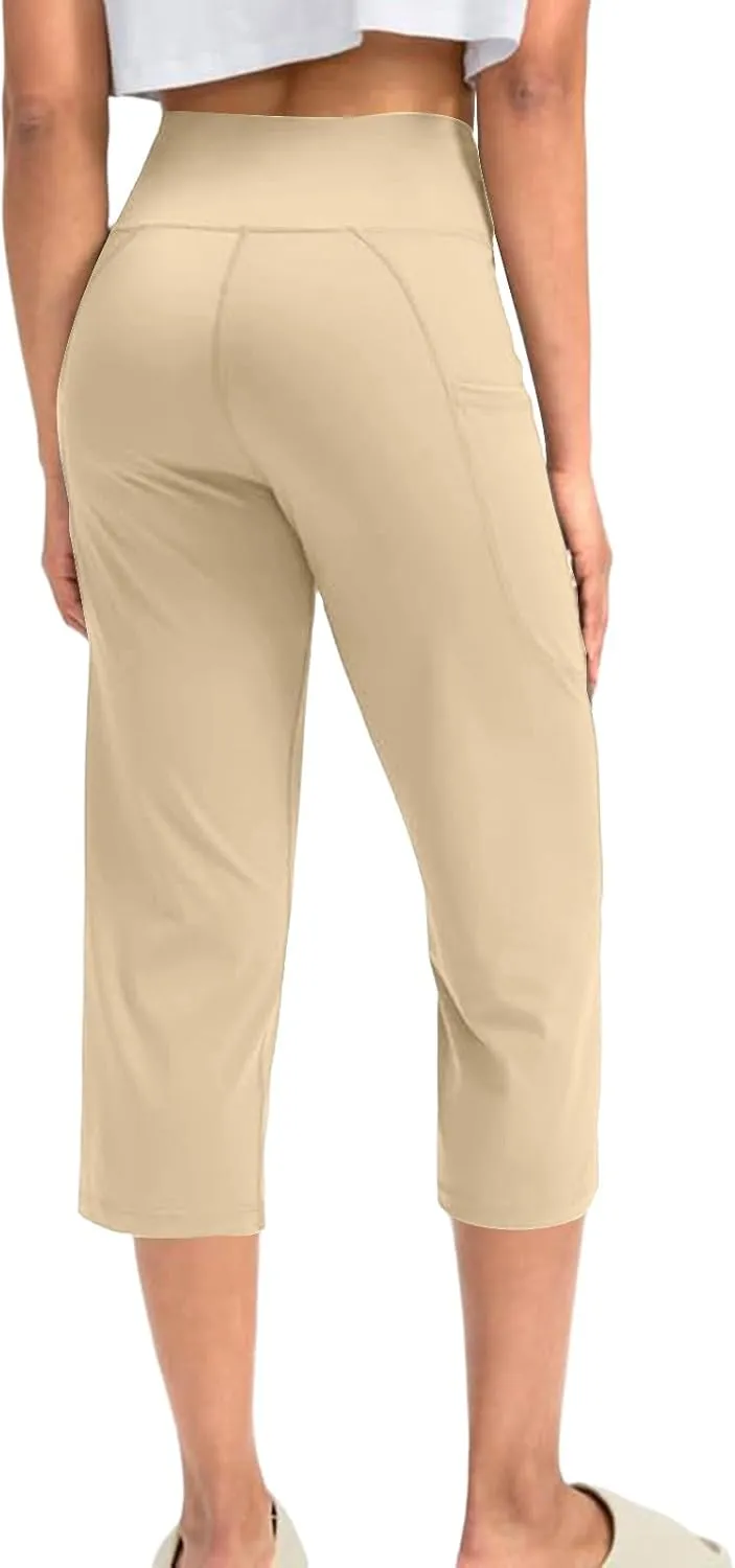 Yoga Capris for Women Solid Color Elastic High Waist Capri Pants Casual Yoga Sports Pants with Pockets