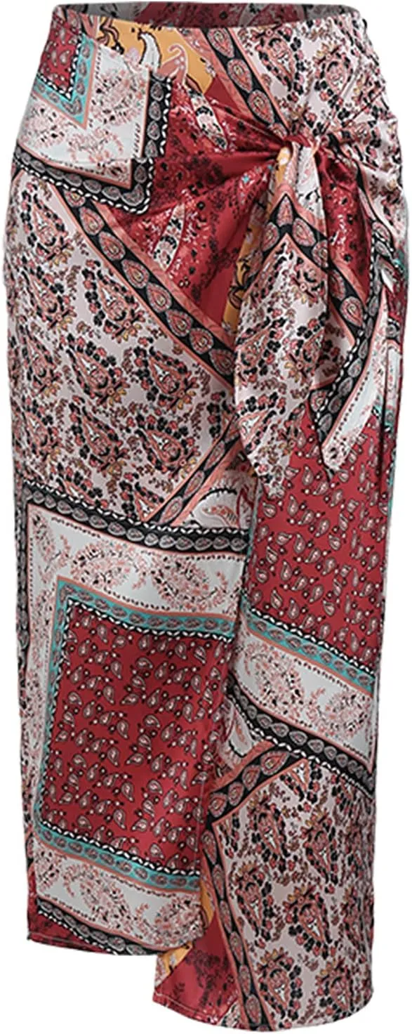 ZAFUL Women's Boho Skirt Asymmetrical Skirts Tied Floral Paisley Printed High Waist Ruched Skirts for Women