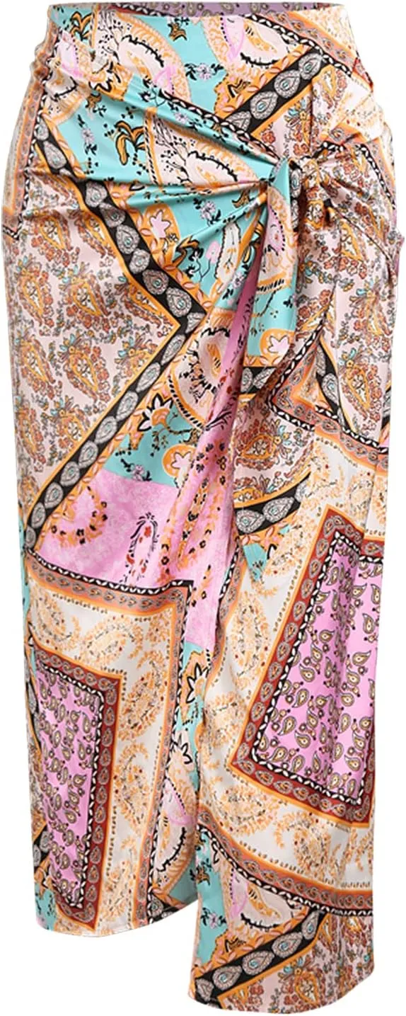 ZAFUL Women's Boho Skirt Asymmetrical Skirts Tied Floral Paisley Printed High Waist Ruched Skirts for Women