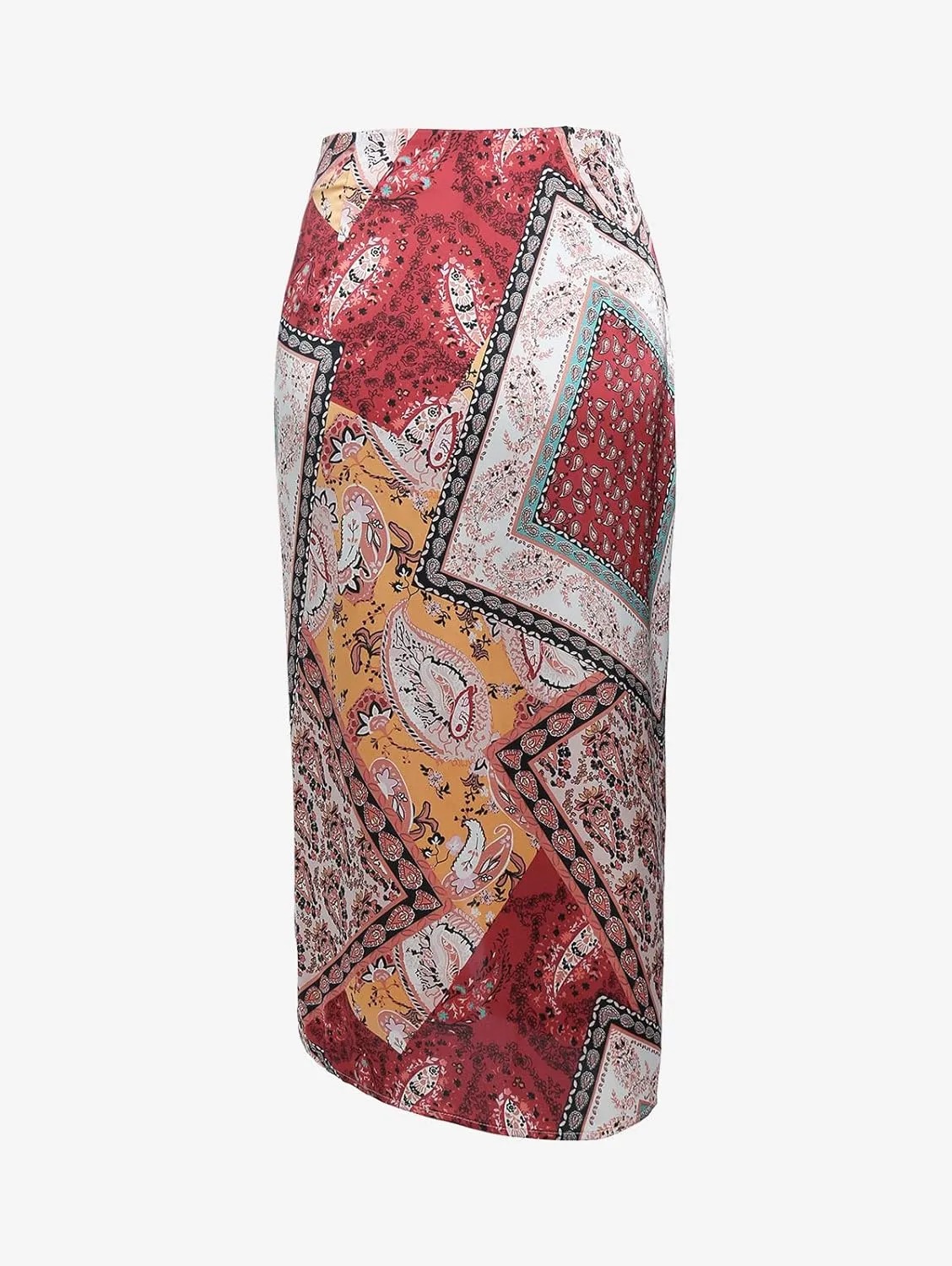 ZAFUL Women's Boho Skirt Asymmetrical Skirts Tied Floral Paisley Printed High Waist Ruched Skirts for Women