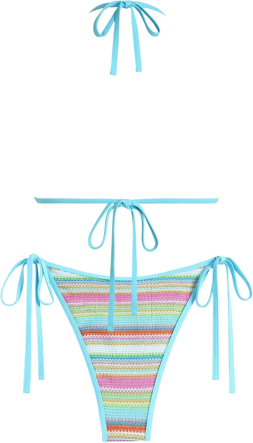 ZAFUL Women's Colorblock Stripes Triangle Halter Tied Cheeky Thong Bikini Set High Cut Two Piece Bathing Suit