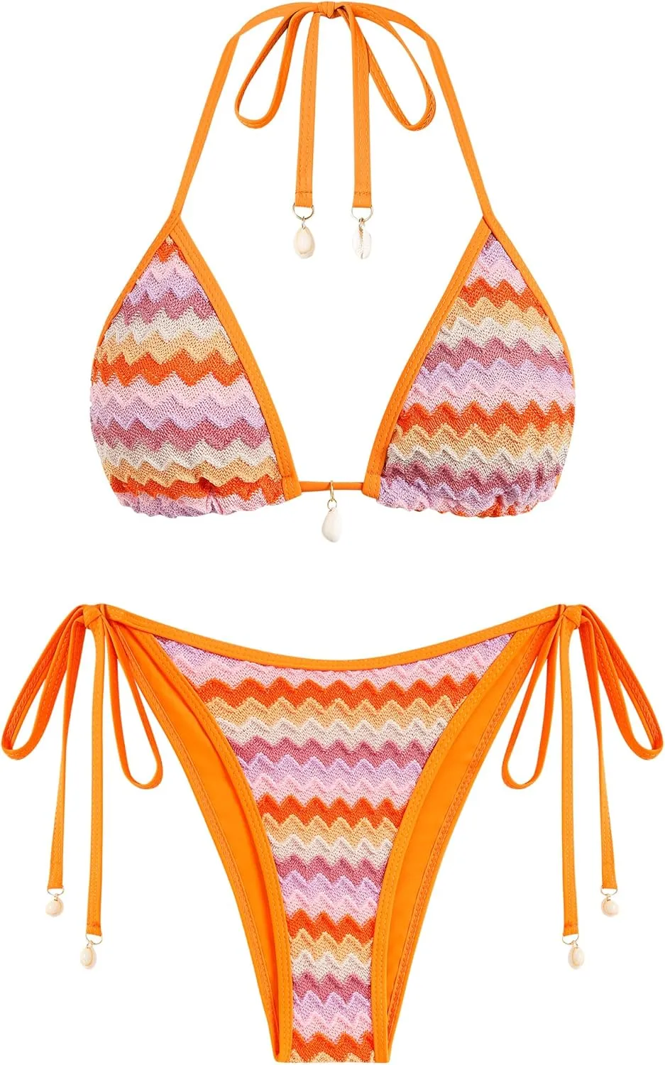 ZAFUL Women's Colorblock Stripes Triangle Halter Tied Cheeky Thong Bikini Set High Cut Two Piece Bathing Suit