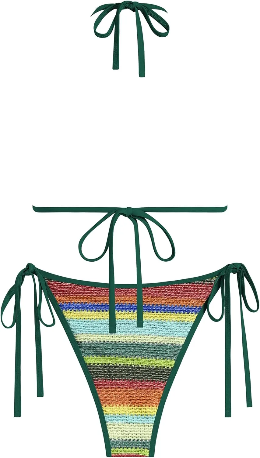 ZAFUL Women's Colorblock Stripes Triangle Halter Tied Cheeky Thong Bikini Set High Cut Two Piece Bathing Suit