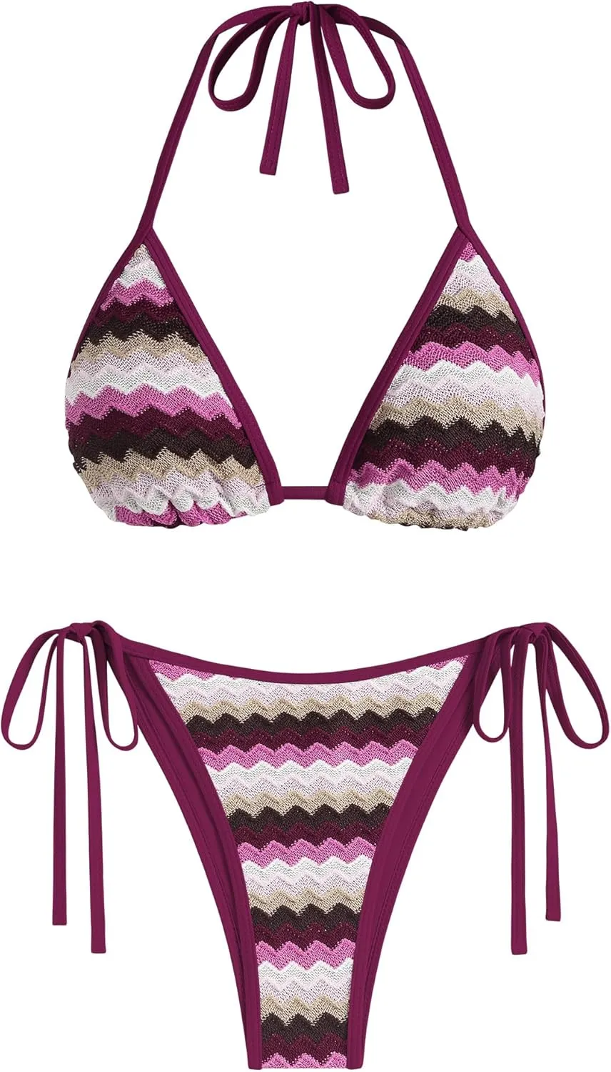 ZAFUL Women's Colorblock Stripes Triangle Halter Tied Cheeky Thong Bikini Set High Cut Two Piece Bathing Suit