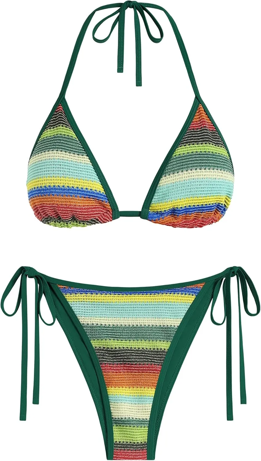 ZAFUL Women's Colorblock Stripes Triangle Halter Tied Cheeky Thong Bikini Set High Cut Two Piece Bathing Suit