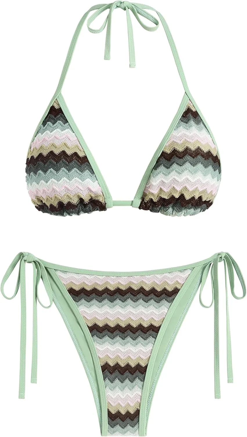 ZAFUL Women's Colorblock Stripes Triangle Halter Tied Cheeky Thong Bikini Set High Cut Two Piece Bathing Suit