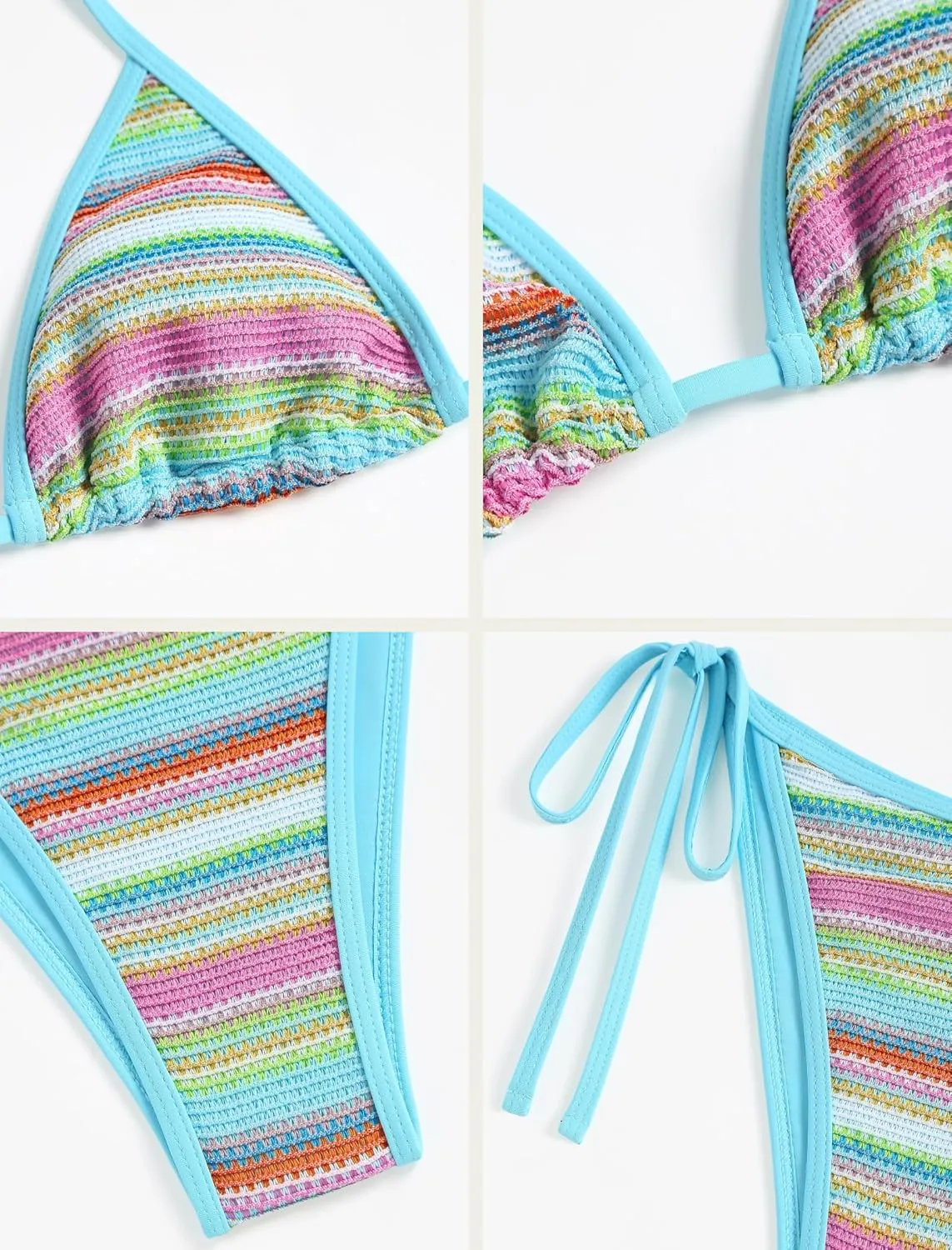 ZAFUL Women's Colorblock Stripes Triangle Halter Tied Cheeky Thong Bikini Set High Cut Two Piece Bathing Suit
