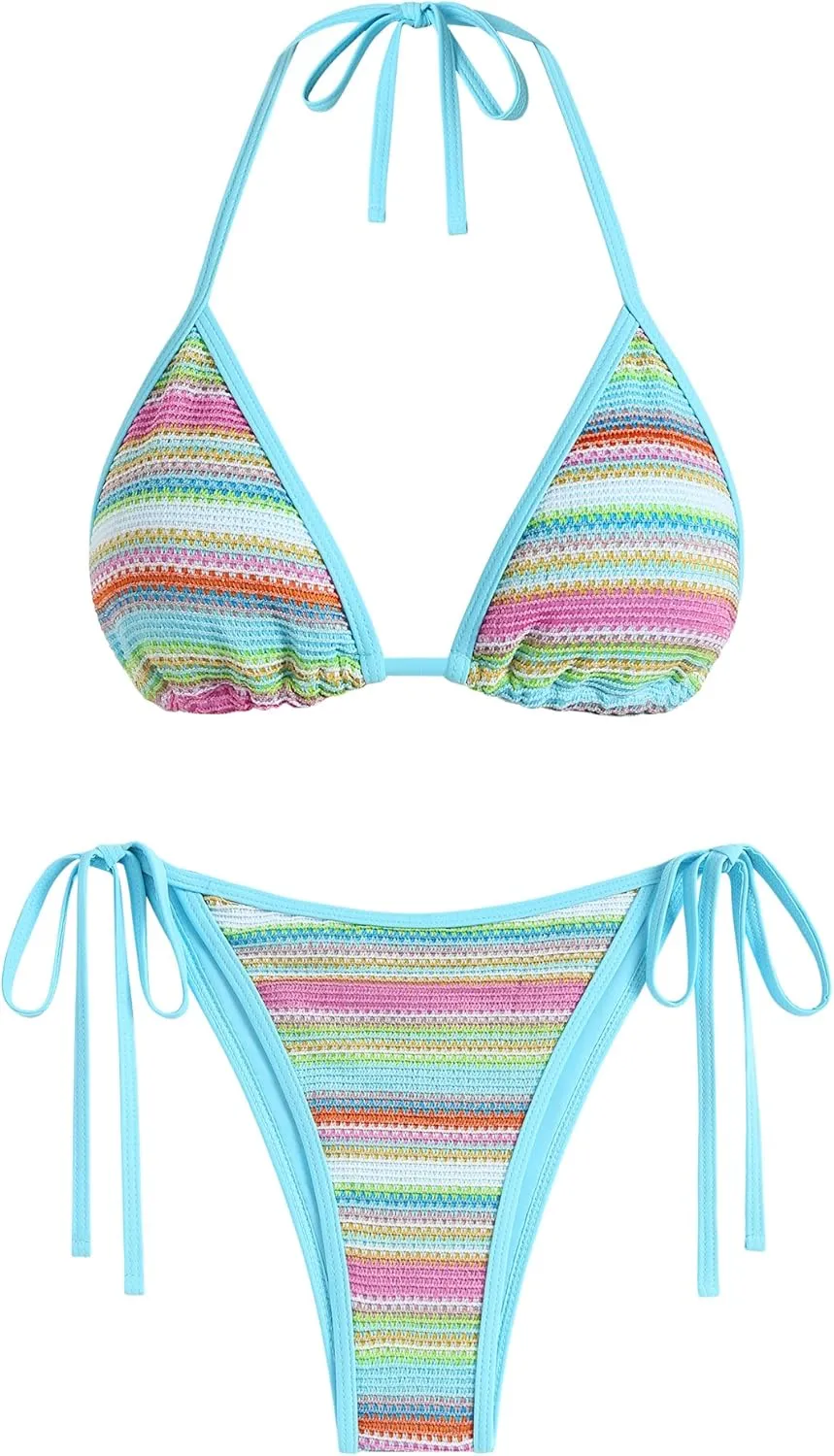 ZAFUL Women's Colorblock Stripes Triangle Halter Tied Cheeky Thong Bikini Set High Cut Two Piece Bathing Suit