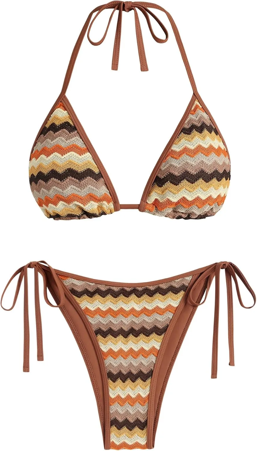 ZAFUL Women's Colorblock Stripes Triangle Halter Tied Cheeky Thong Bikini Set High Cut Two Piece Bathing Suit