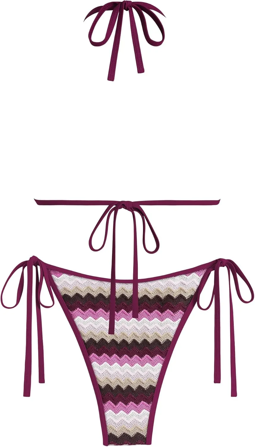 ZAFUL Women's Colorblock Stripes Triangle Halter Tied Cheeky Thong Bikini Set High Cut Two Piece Bathing Suit
