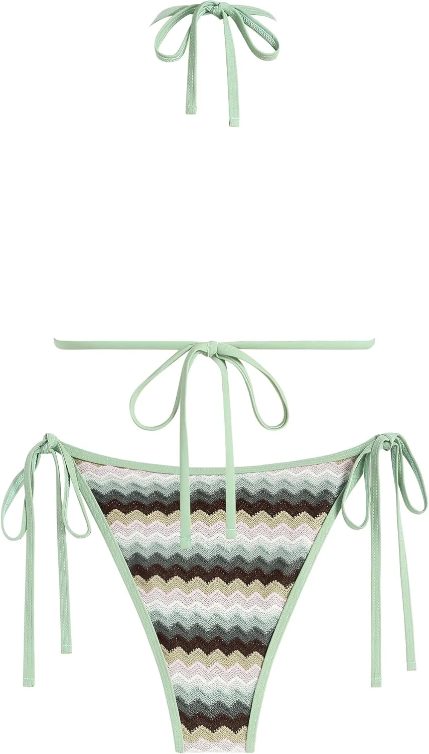 ZAFUL Women's Colorblock Stripes Triangle Halter Tied Cheeky Thong Bikini Set High Cut Two Piece Bathing Suit