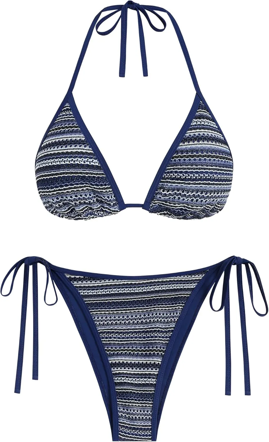 ZAFUL Women's Colorblock Stripes Triangle Halter Tied Cheeky Thong Bikini Set High Cut Two Piece Bathing Suit