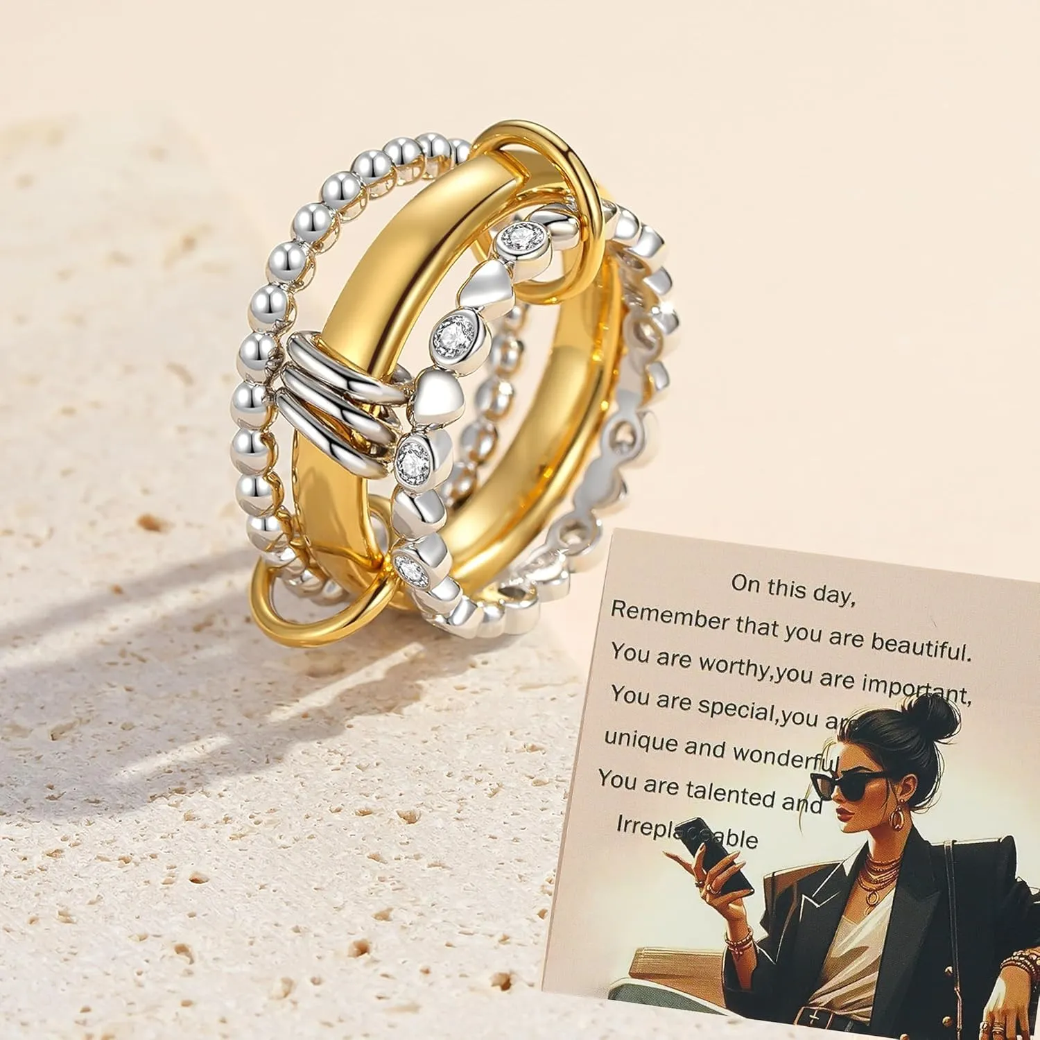 ZOEXUE 18k Gold Plated Interlocked Stackable Rings for Women Non-Tarnish - Statement Mixed Metals Multi Ring Stack Jewelry Set Secure-Set Stones & Chunky Band Design Sizes 4-10