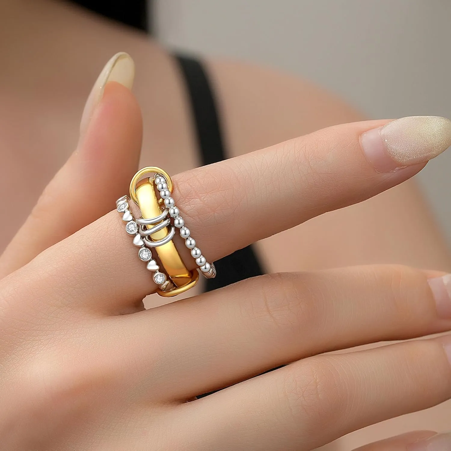 ZOEXUE 18k Gold Plated Interlocked Stackable Rings for Women Non-Tarnish - Statement Mixed Metals Multi Ring Stack Jewelry Set Secure-Set Stones & Chunky Band Design Sizes 4-10