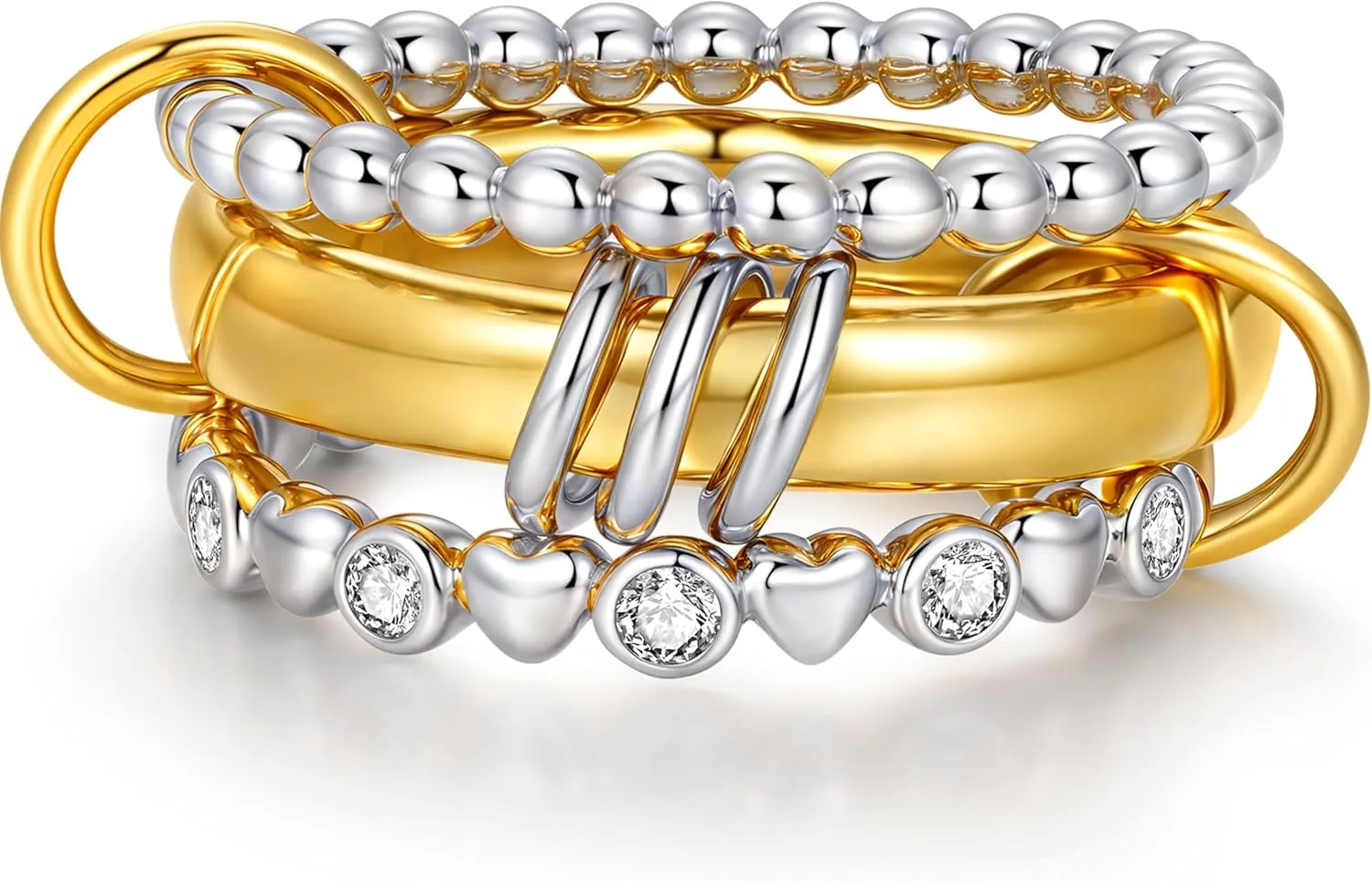 ZOEXUE 18k Gold Plated Interlocked Stackable Rings for Women Non-Tarnish - Statement Mixed Metals Multi Ring Stack Jewelry Set Secure-Set Stones & Chunky Band Design Sizes 4-10