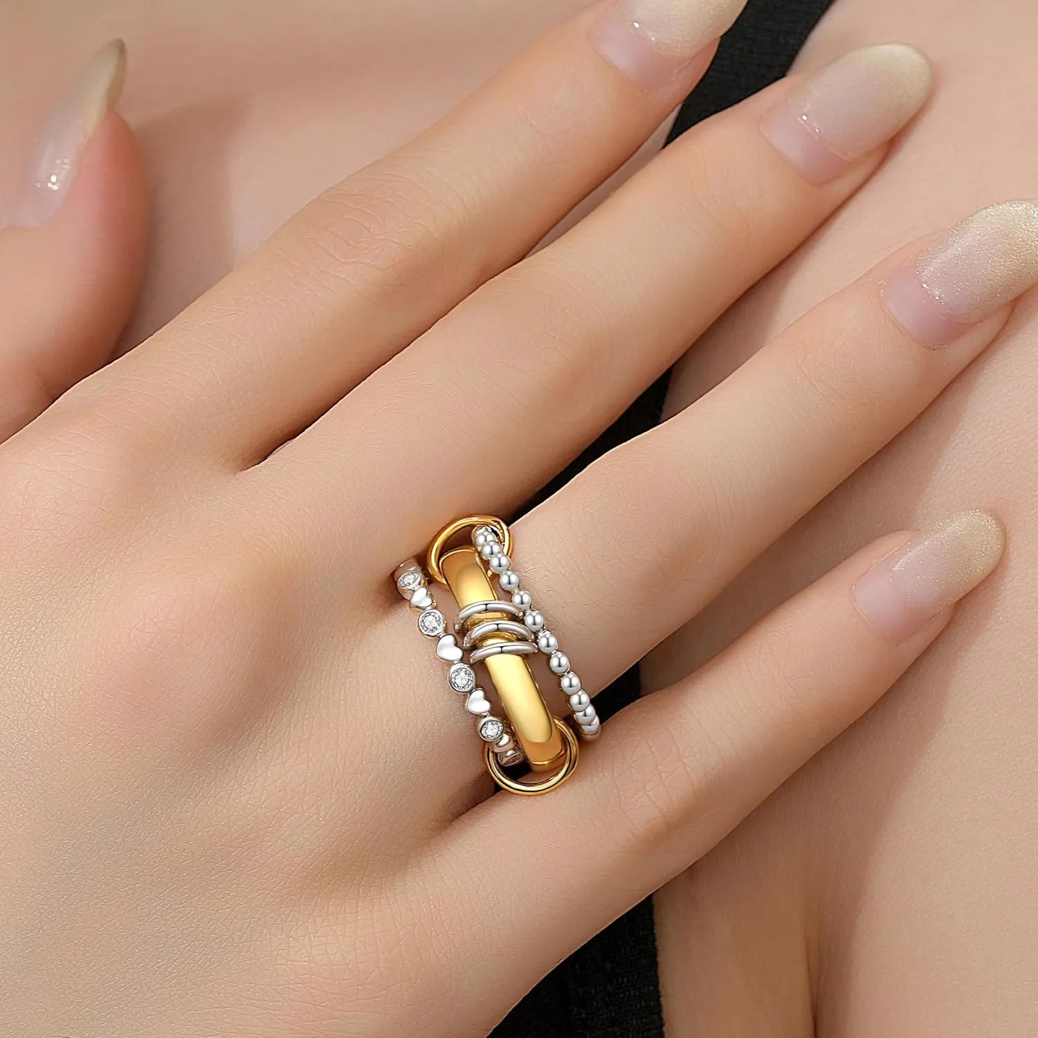 ZOEXUE 18k Gold Plated Interlocked Stackable Rings for Women Non-Tarnish - Statement Mixed Metals Multi Ring Stack Jewelry Set Secure-Set Stones & Chunky Band Design Sizes 4-10