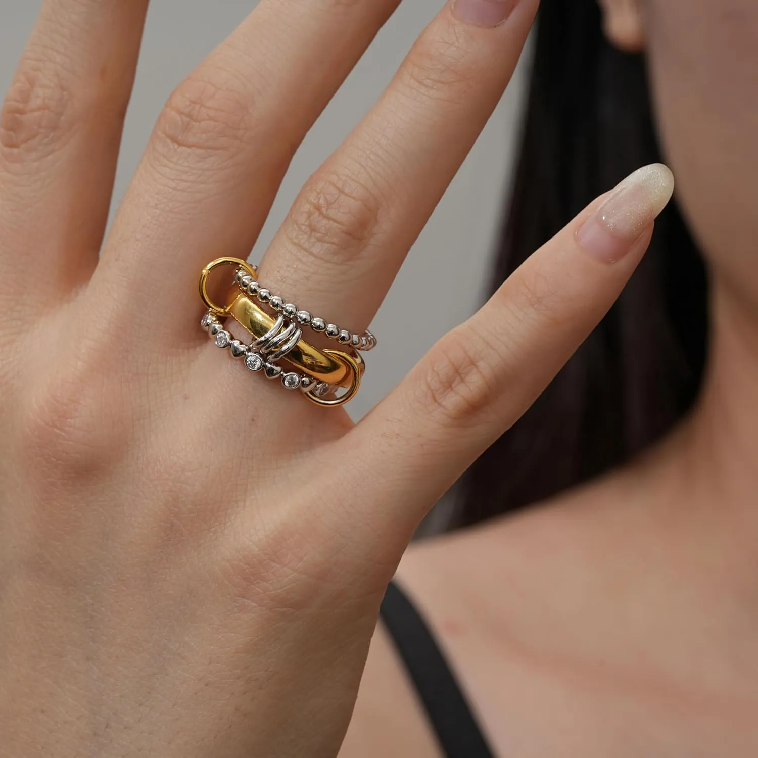 ZOEXUE 18k Gold Plated Interlocked Stackable Rings for Women Non-Tarnish - Statement Mixed Metals Multi Ring Stack Jewelry Set Secure-Set Stones & Chunky Band Design Sizes 4-10