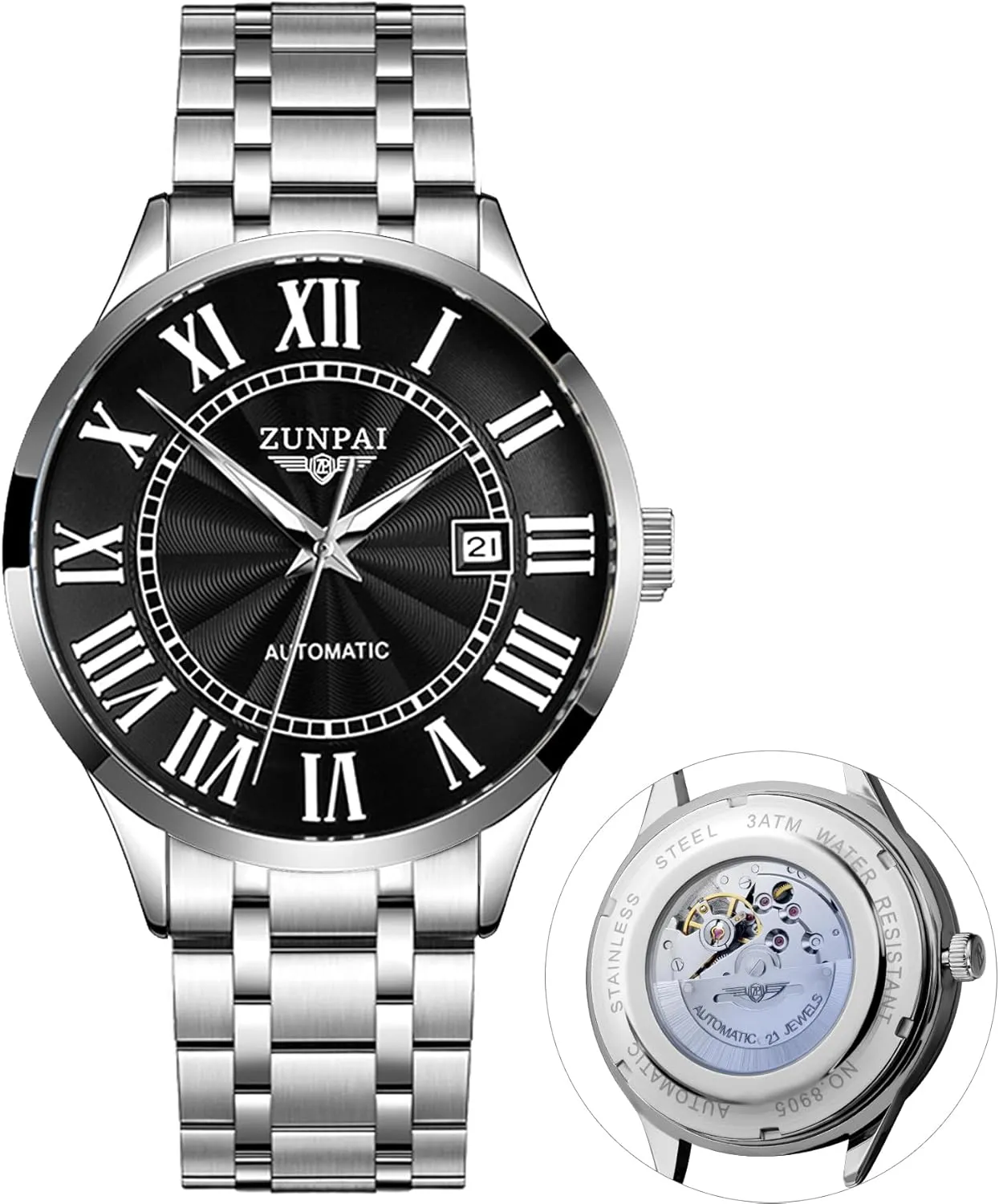 ZUNPAI Watches for Men Automatic Luxury Business Watch Mechanical Classic Roman Number Self-Winding Calendar Waterproof Mens Wrist Watch with Leather Strap Band