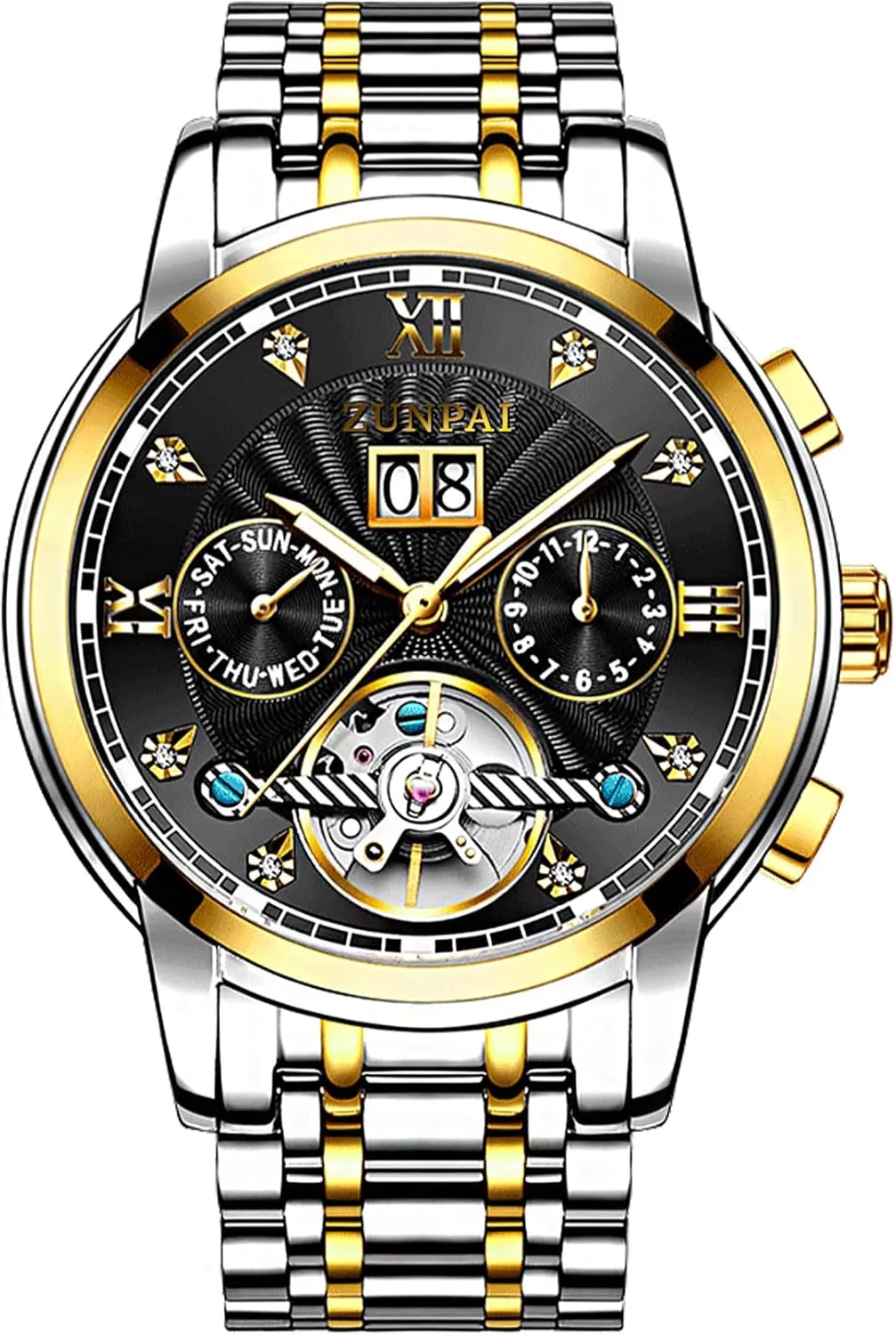 ZUNPAI Watches for Men Automatic Transparent Skeleton Mechanical Luxury Watch Classic Self-Winding Calendar Diamond Stainless Steel Waterproof Mens Wrist Watch