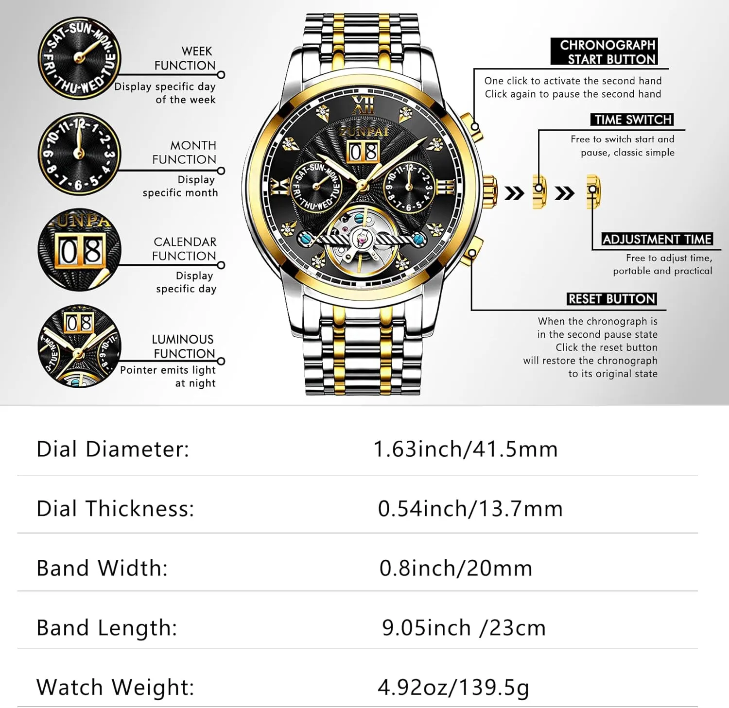 ZUNPAI Watches for Men Automatic Transparent Skeleton Mechanical Luxury Watch Classic Self-Winding Calendar Diamond Stainless Steel Waterproof Mens Wrist Watch