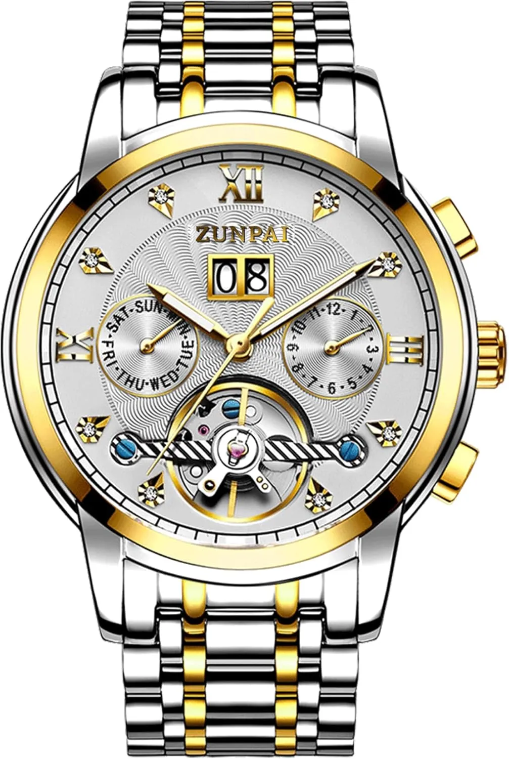 ZUNPAI Watches for Men Automatic Transparent Skeleton Mechanical Luxury Watch Classic Self-Winding Calendar Diamond Stainless Steel Waterproof Mens Wrist Watch