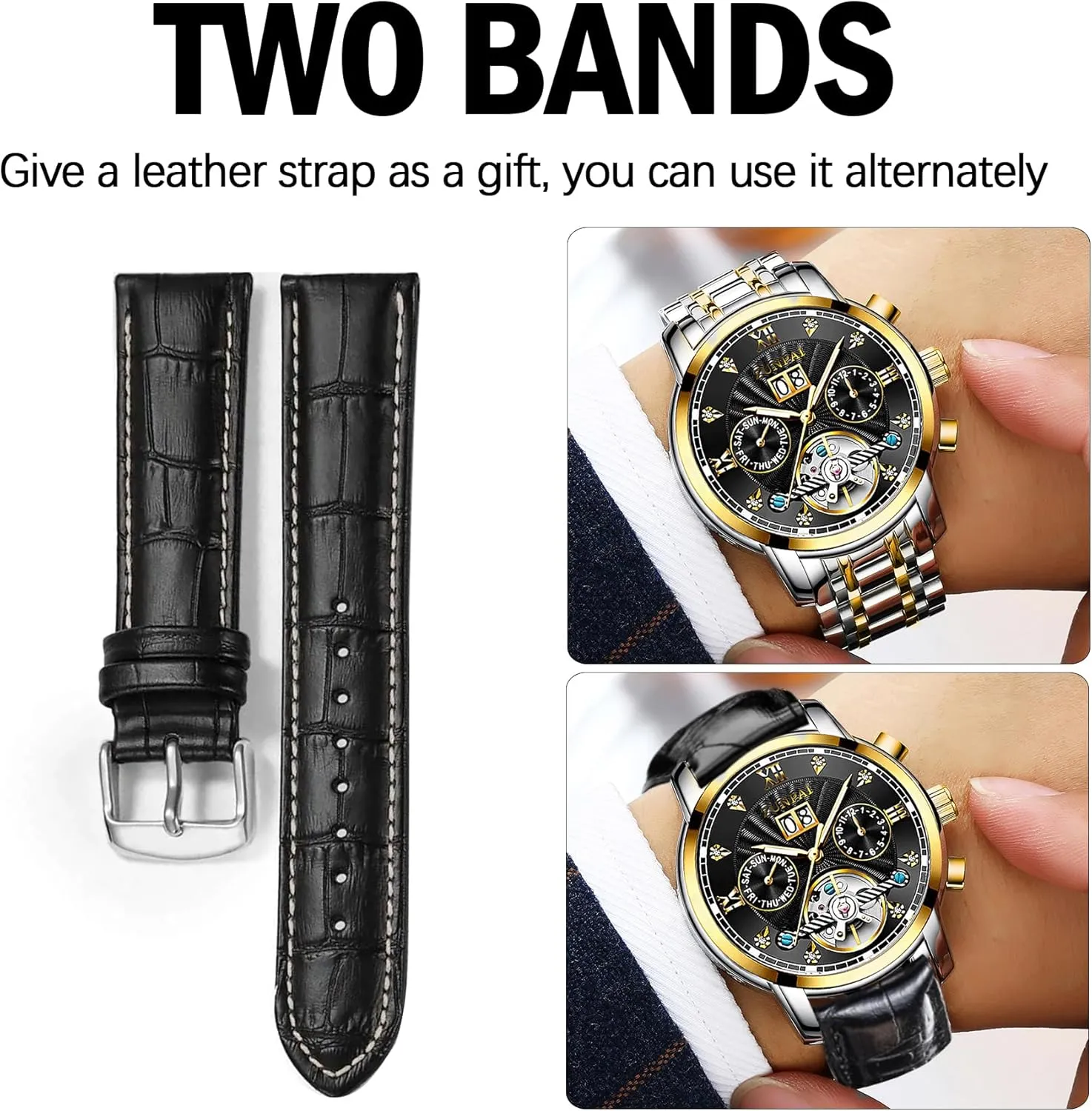 ZUNPAI Watches for Men Automatic Transparent Skeleton Mechanical Luxury Watch Classic Self-Winding Calendar Diamond Stainless Steel Waterproof Mens Wrist Watch