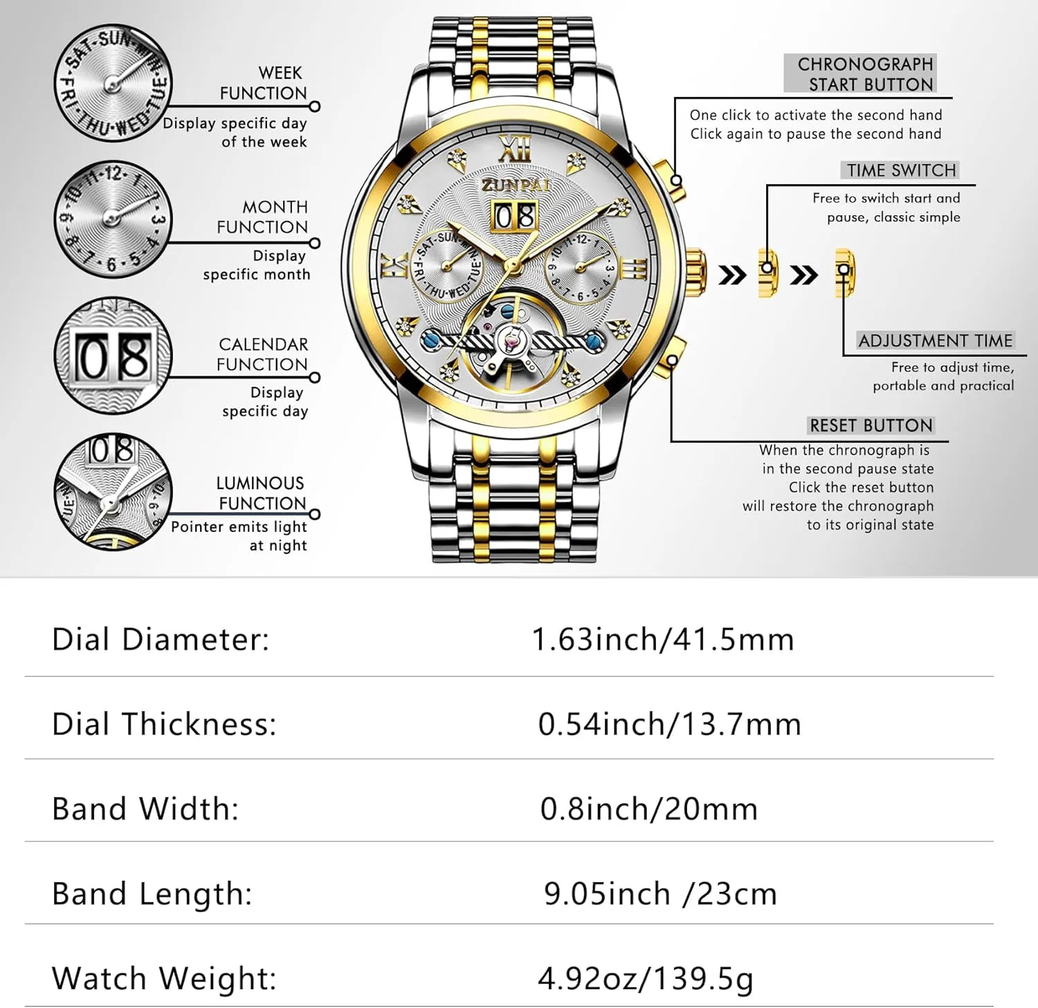 ZUNPAI Watches for Men Automatic Transparent Skeleton Mechanical Luxury Watch Classic Self-Winding Calendar Diamond Stainless Steel Waterproof Mens Wrist Watch